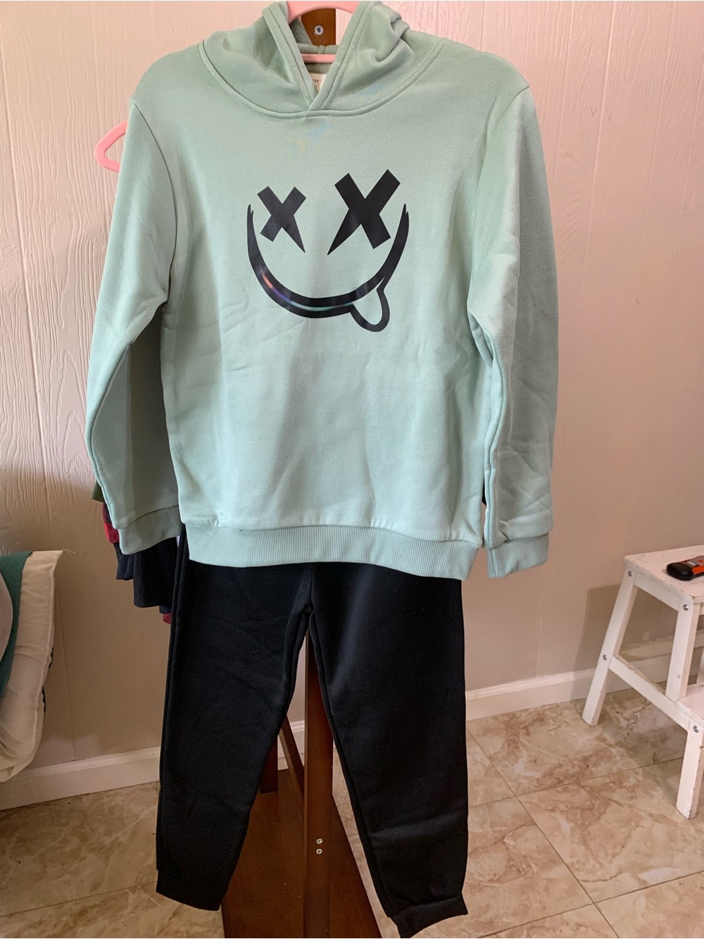 Kids Mint Green Hoodie with Graphic Smiley